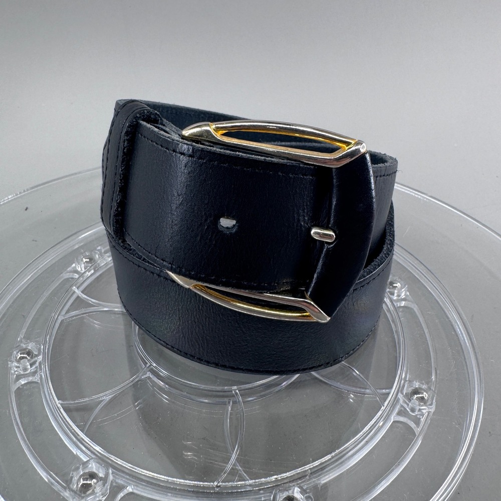 Womens Black Leather Wide Waist Belt Mixed Metal Gold Silver Buckle Size XS